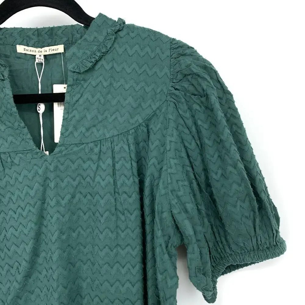 Saison de la Fleur Textured Blouse Womens Medium Puff Sleeve Green Boho Top NWT - Picture 3 of 7